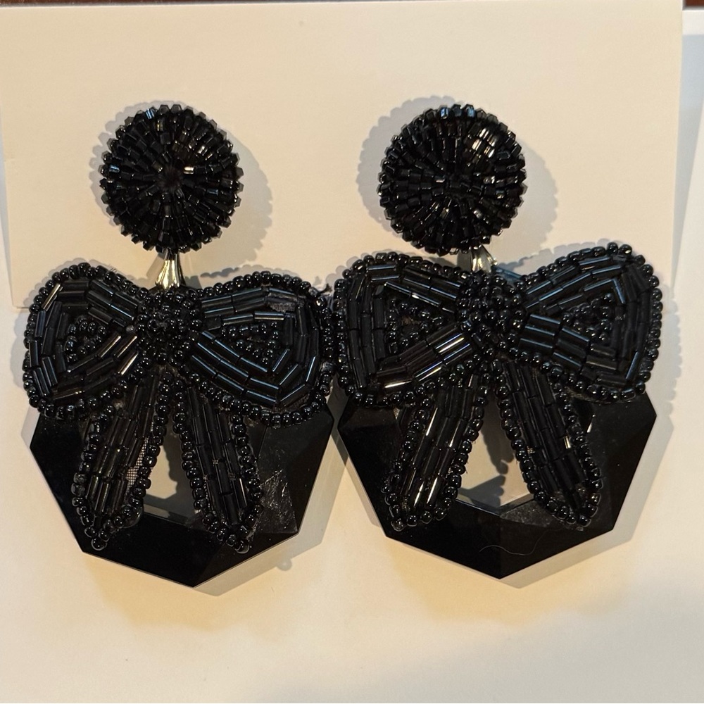 Elegant Black Beaded Bow Earrings